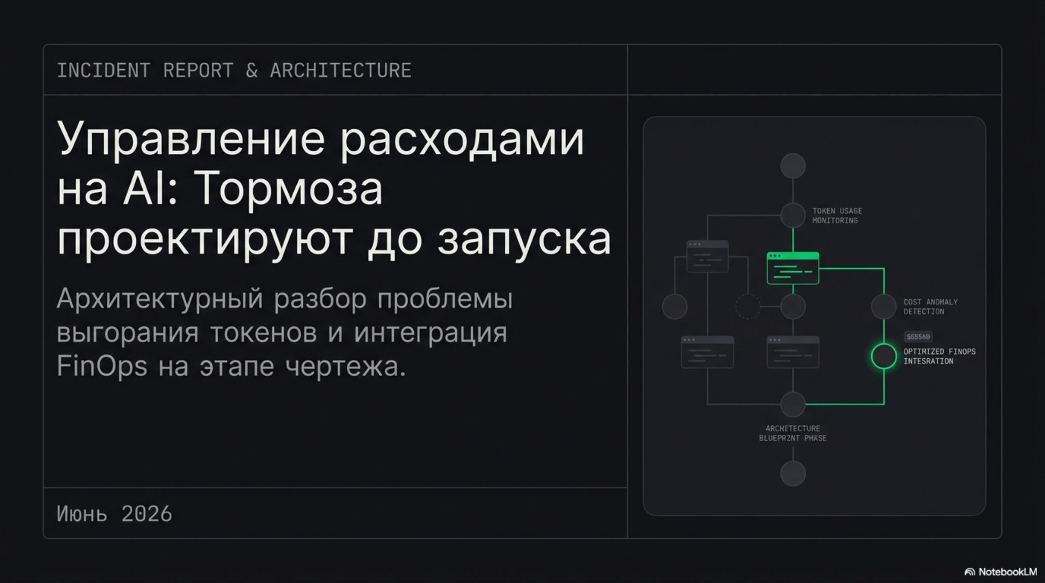 Слайд: Управление расходами на AI, архитектурный разбор выгорания токенов и FinOps на этапе чертежа.