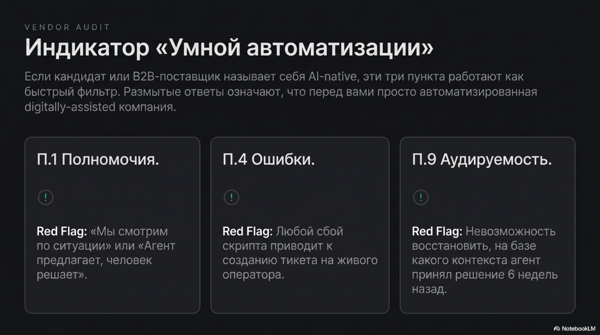 Слайд с тремя индикаторами «Умной автоматизации» для аудита AI-native компаний: Полномочия, Ошибки, Аудируемость.