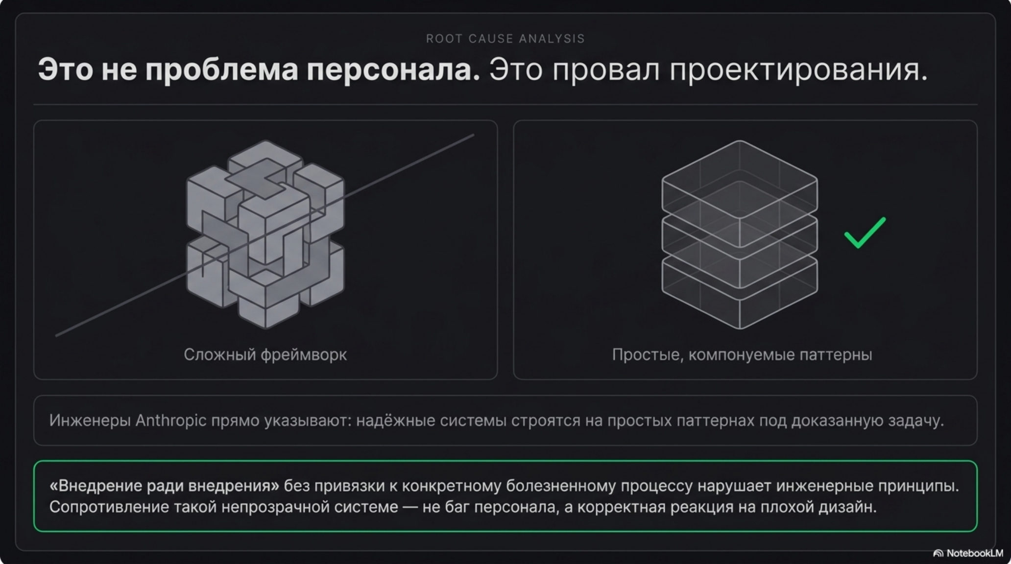 Сравнение сложного и простого фреймворков. Иллюстрация проблемы проектирования, а не персонала.
