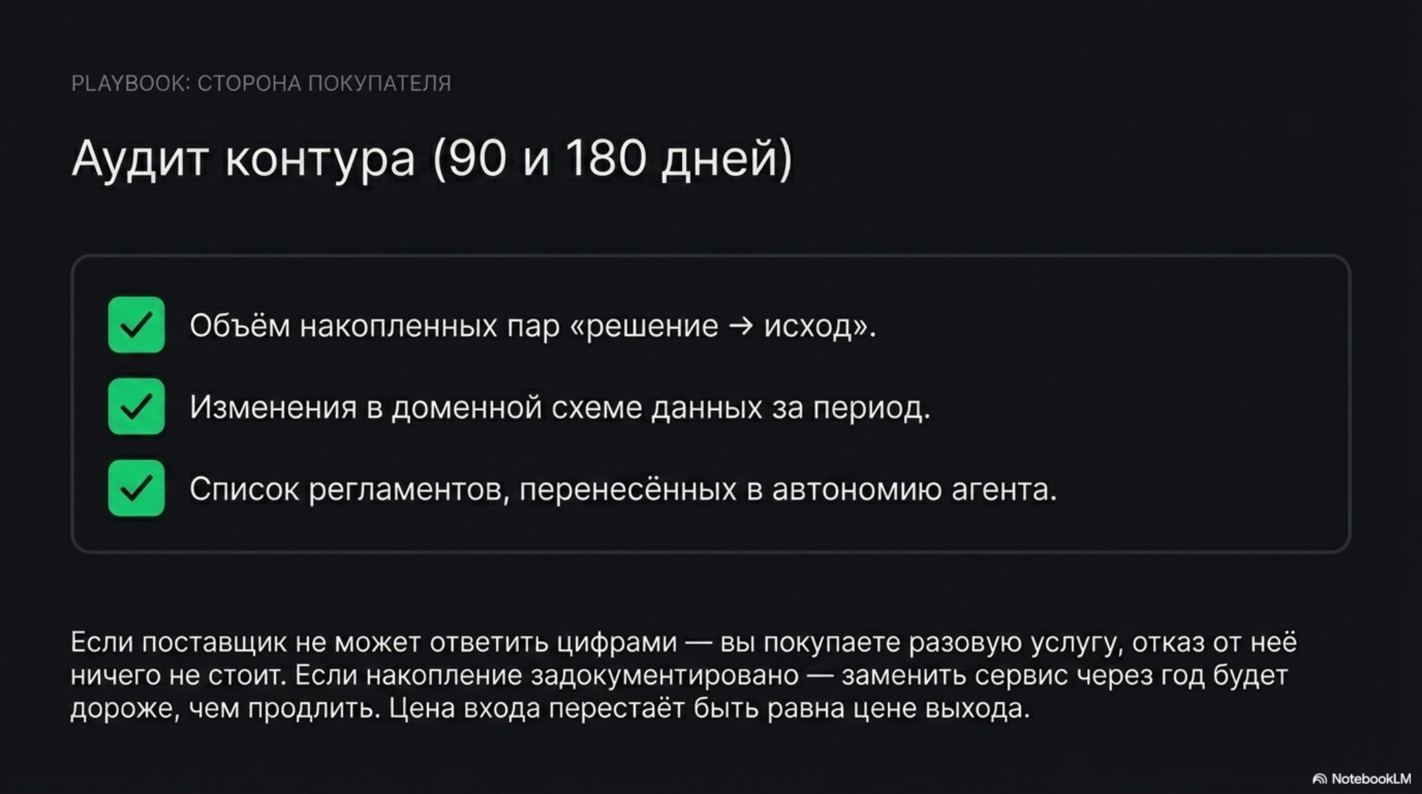 Слайд об аудите контура AI-подписки: ключевые метрики и риски для покупателя.