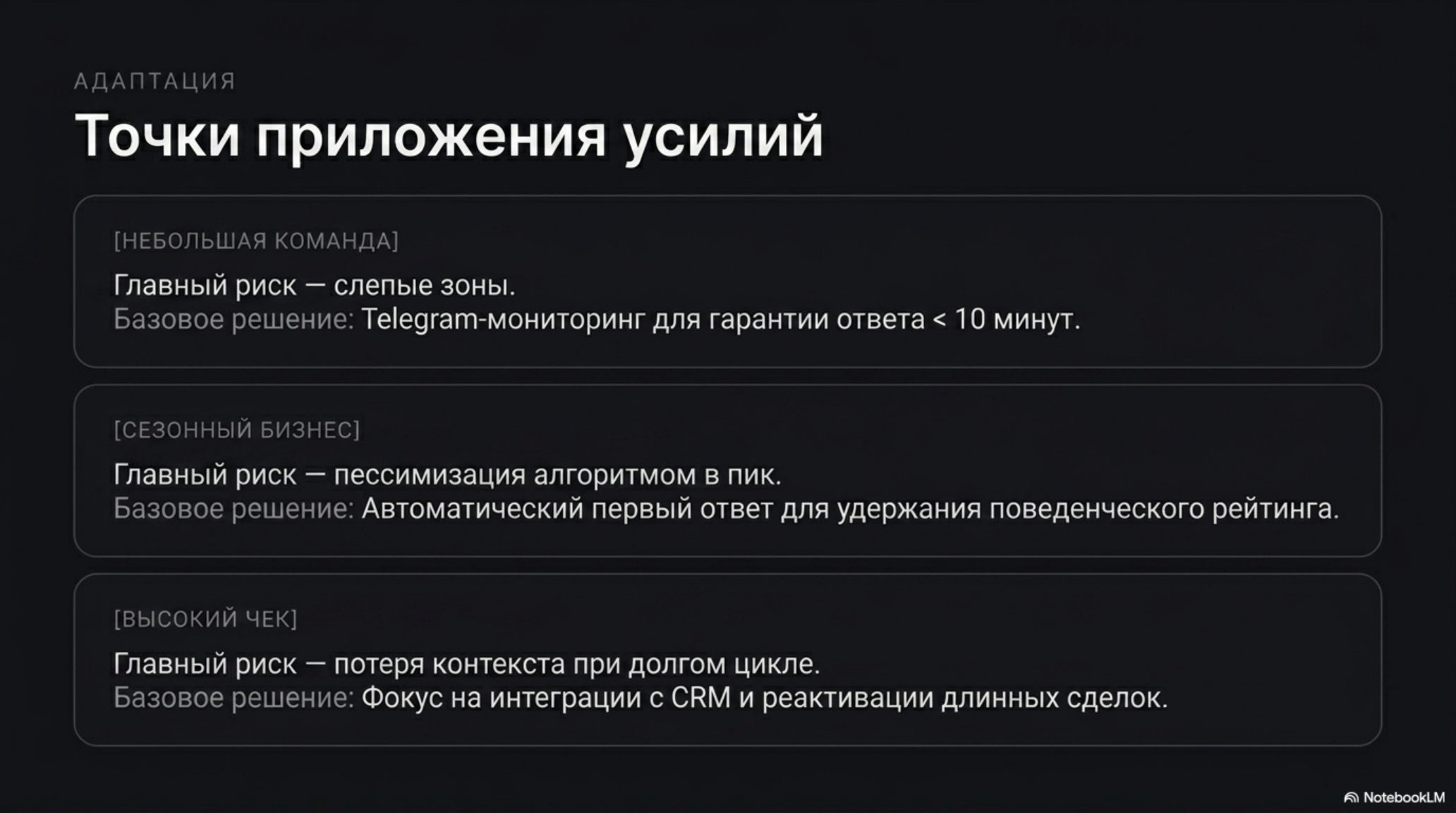 Слайд с заголовком "Точки приложения усилий" и тремя блоками с рисками и решениями для B2B-канала.