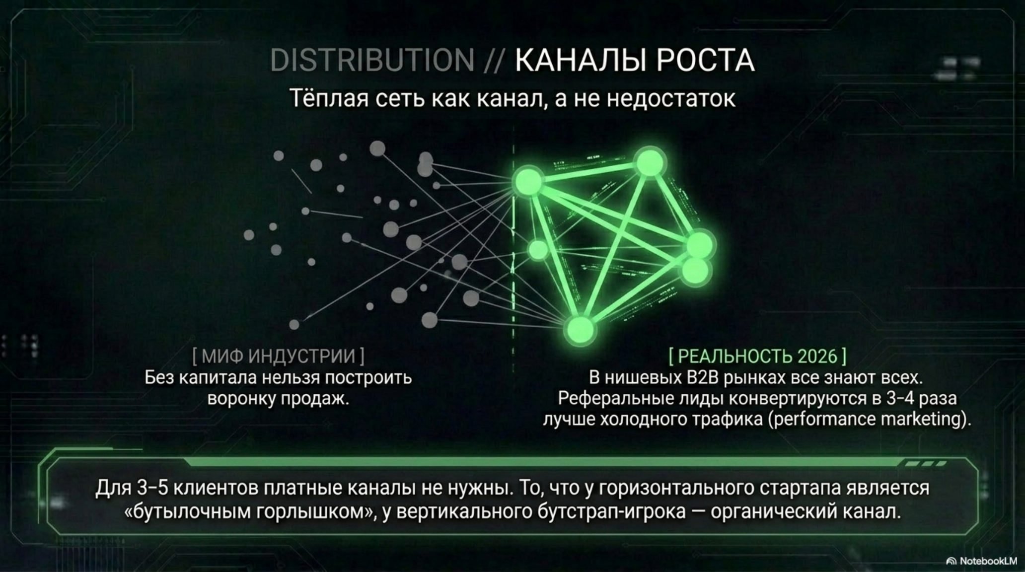 Слайд о каналах роста B2B AI стартапов, демонстрирующий преимущества теплой сети над холодным трафиком.