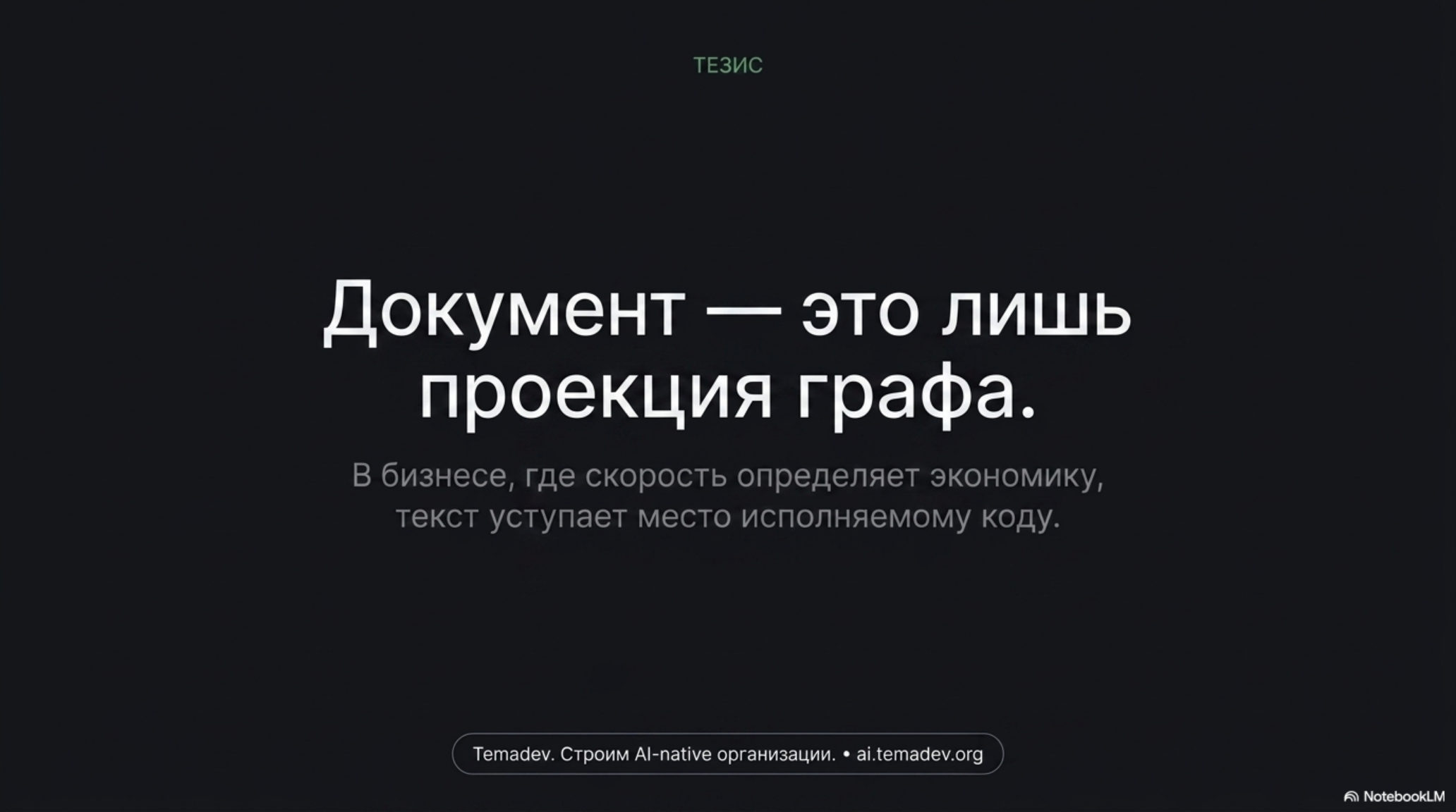 Слайд с тезисом: документ — это лишь проекция графа. Текст уступает место исполняемому коду в AI-native организациях.
