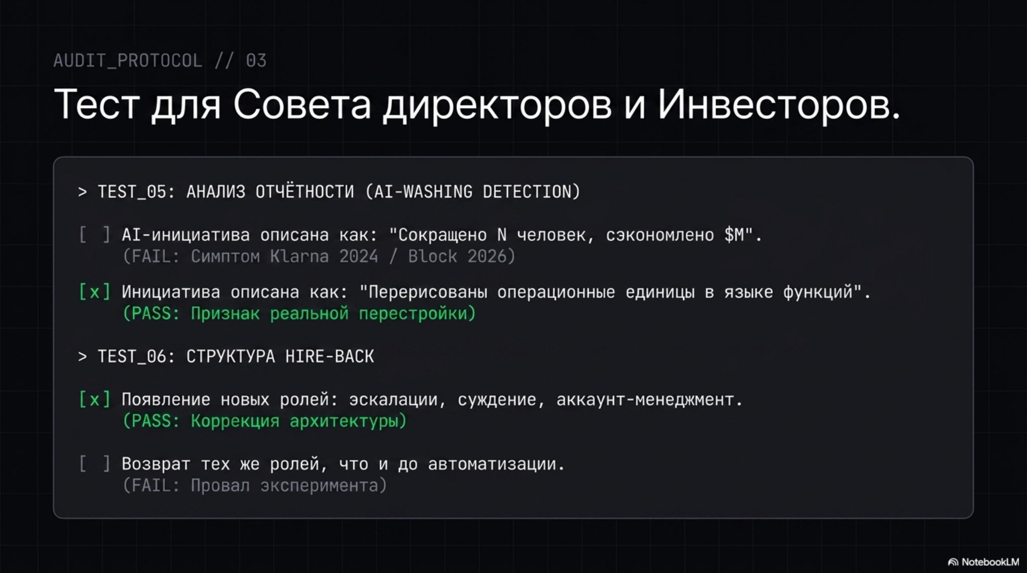 Слайд с тестом для Совета директоров и Инвесторов по AI-трансформации, анализ отчётности и структуры найма.