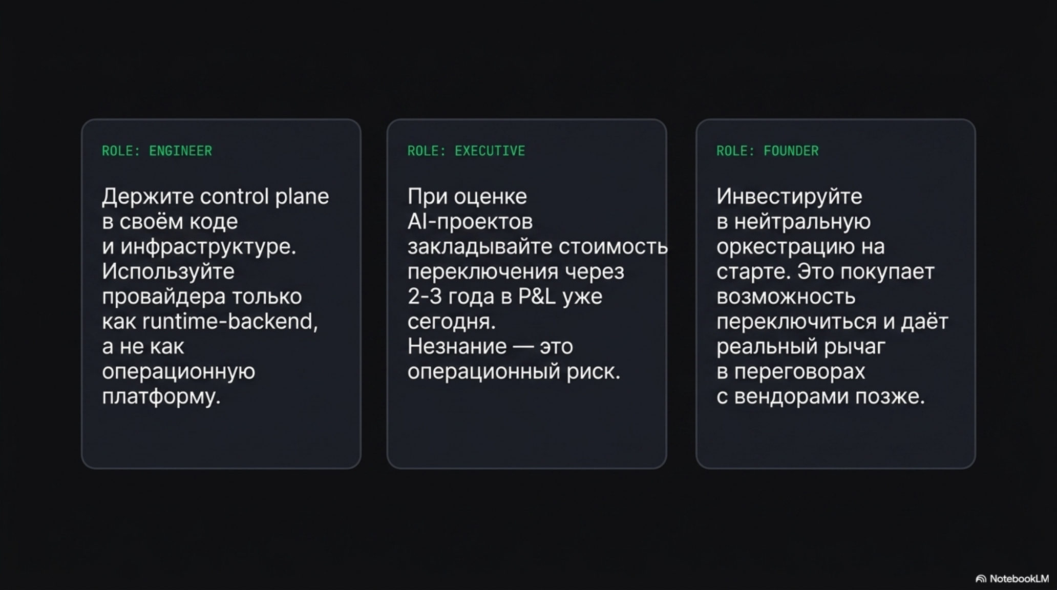 Слайд с тремя блоками текста, каждый адресован разным ролям: инженеру, руководителю, основателю.