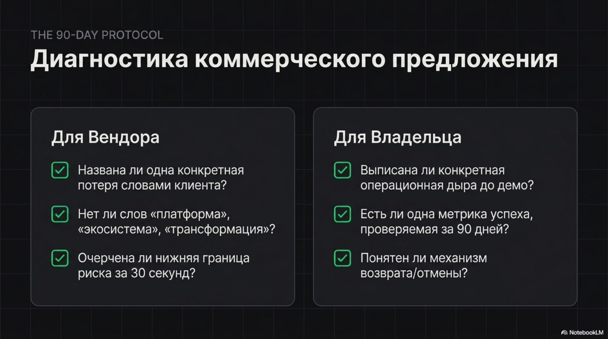 Слайд: Диагностика коммерческого предложения. Чек-листы для Вендора и Владельца по 90-дневному протоколу.