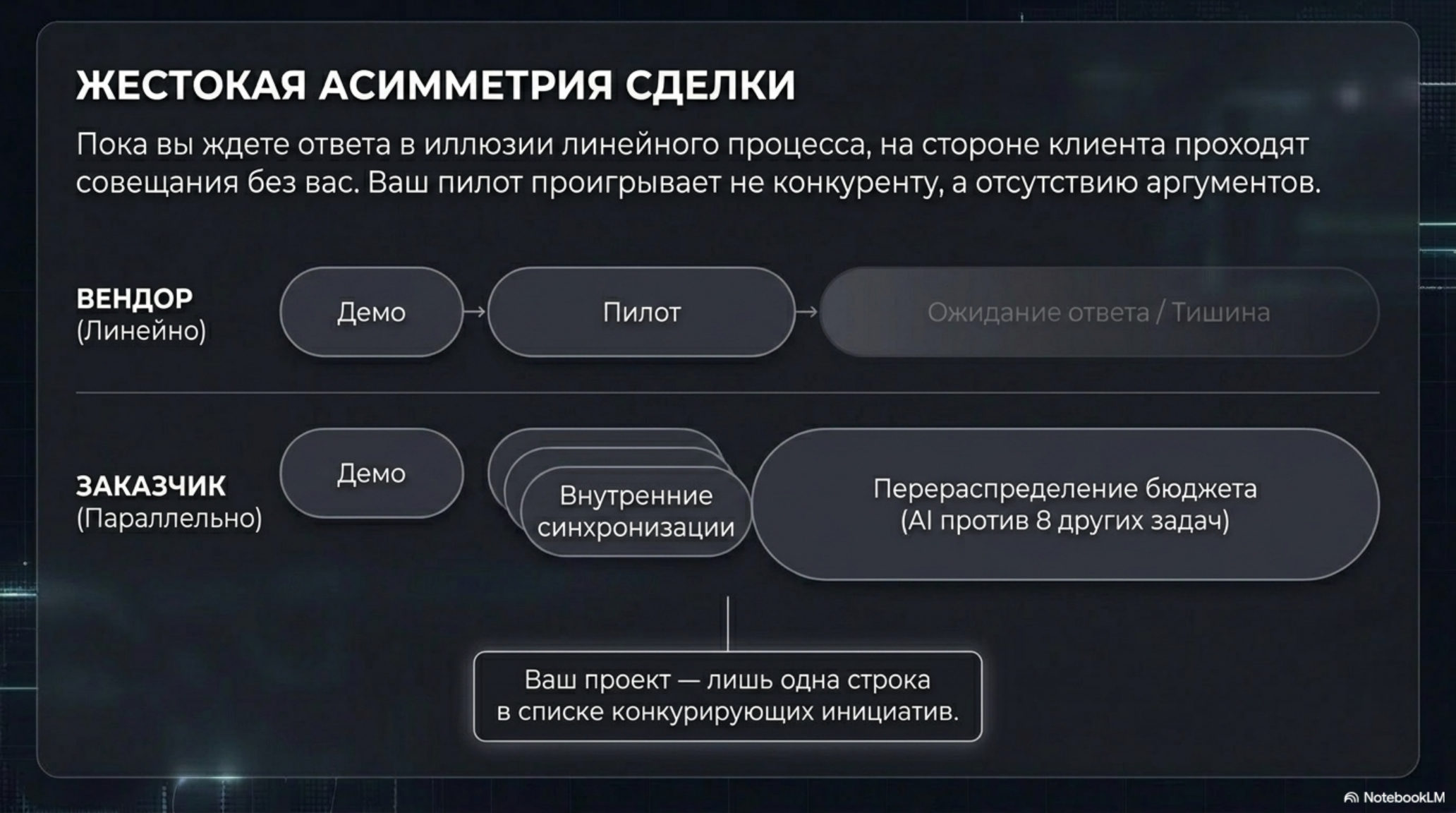 Схема асимметрии сделки: линейный процесс вендора против параллельного процесса заказчика при внедрении AI-пилота.