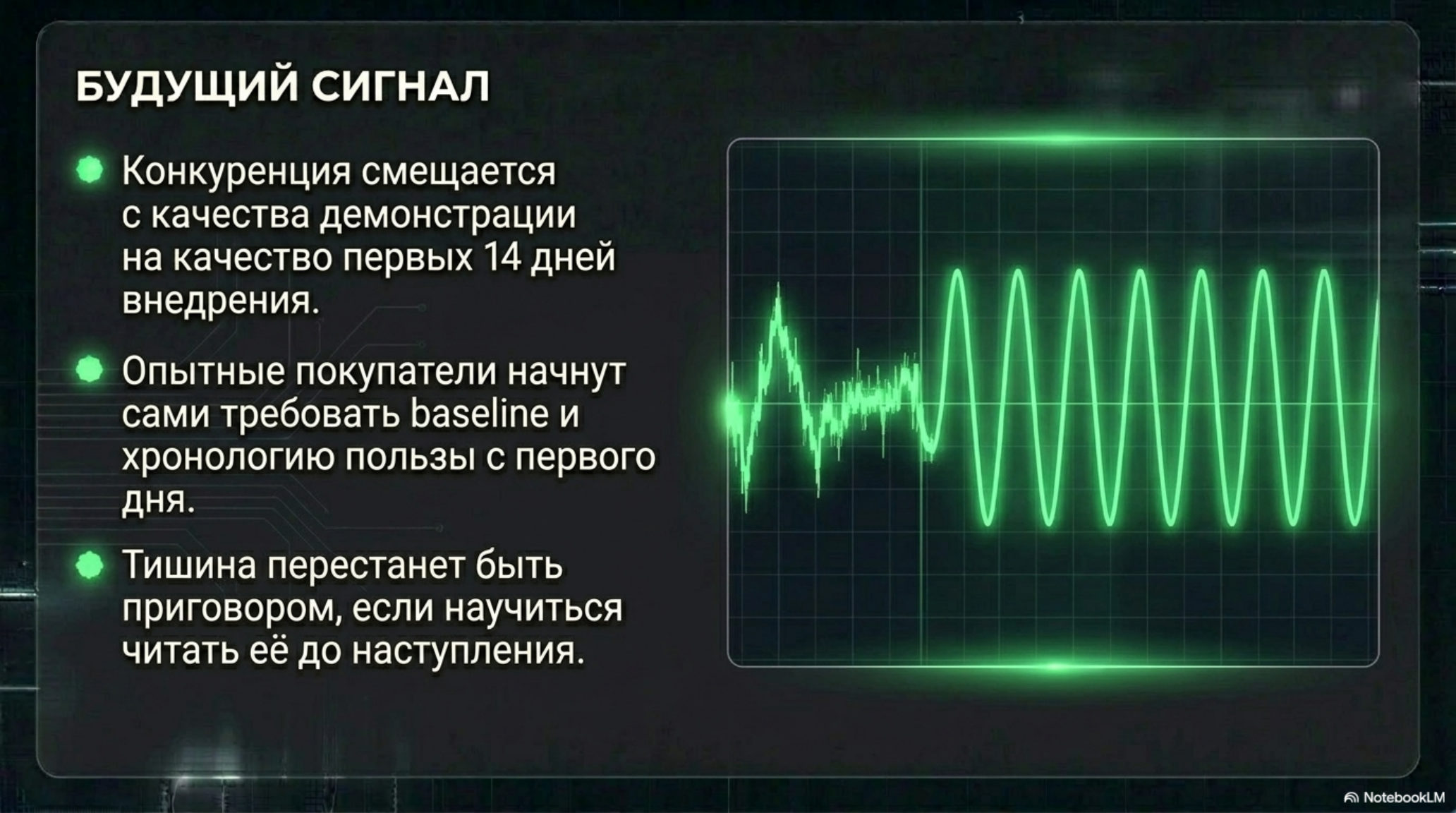 Слайд с текстом «Будущий сигнал» и осциллограммой, символизирующей изменение качества AI-продуктов.