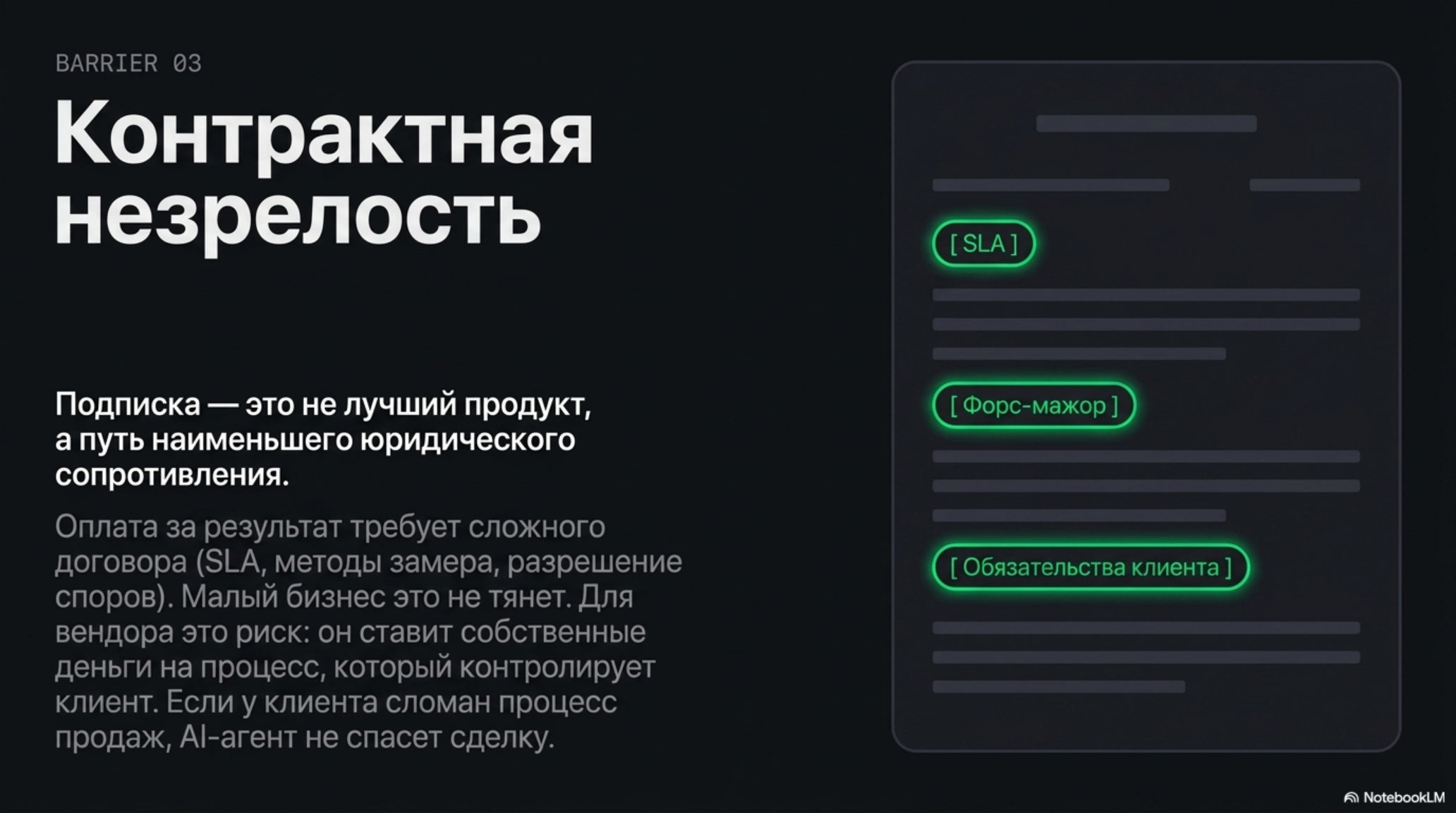 Слайд «Контрактная незрелость» о сложностях оплаты AI за результат, с текстом и схематичным договором.