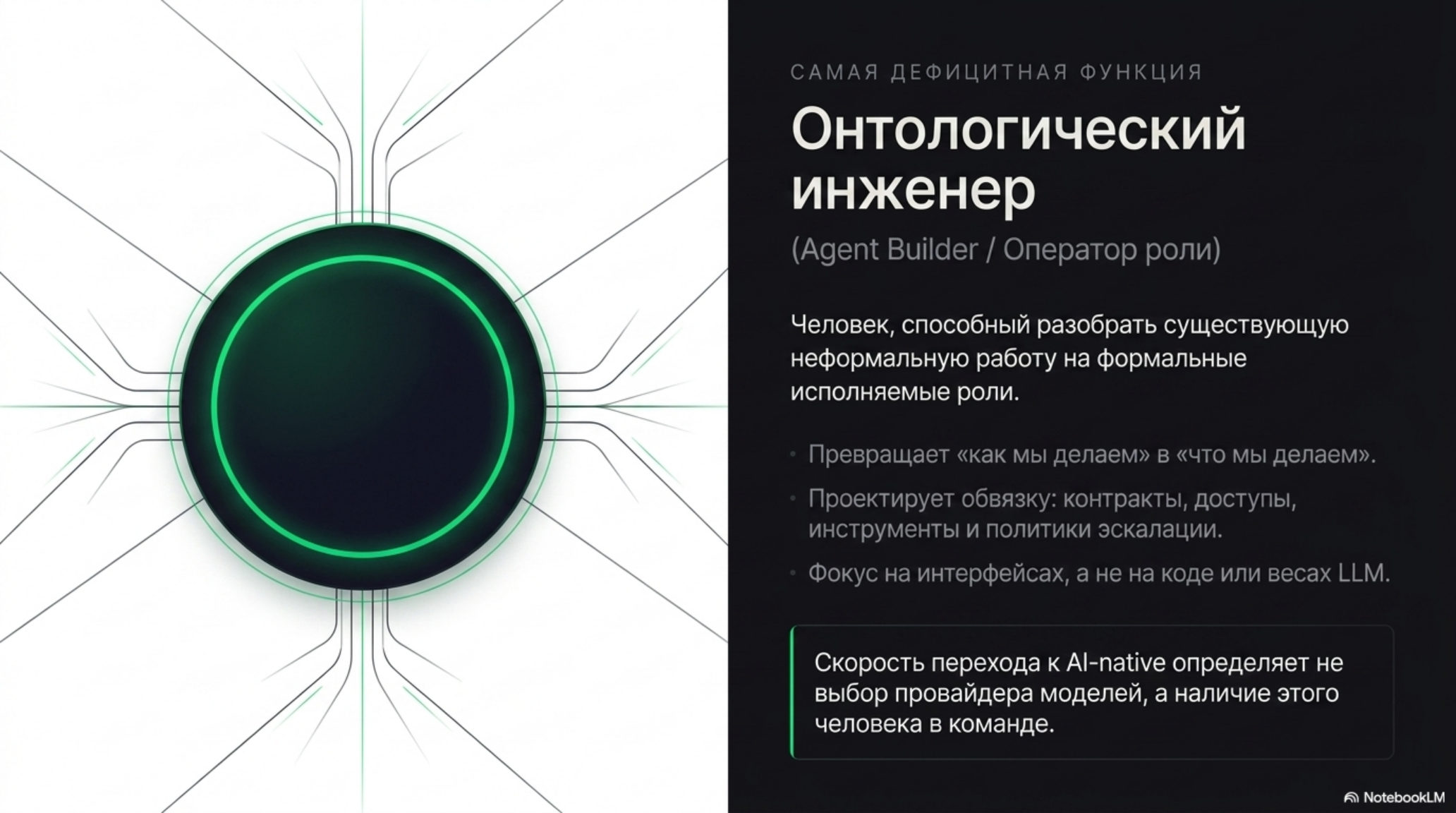 Слайд об онтологическом инженере, ключевой фигуре в AI-native компаниях. Темный фон, слева абстрактная схема с зеленым кругом