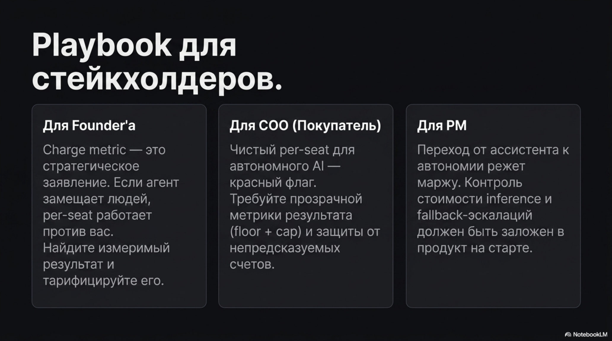 Слайд с плейбуком для стейкхолдеров AI-компании: Founder, COO, PM.
