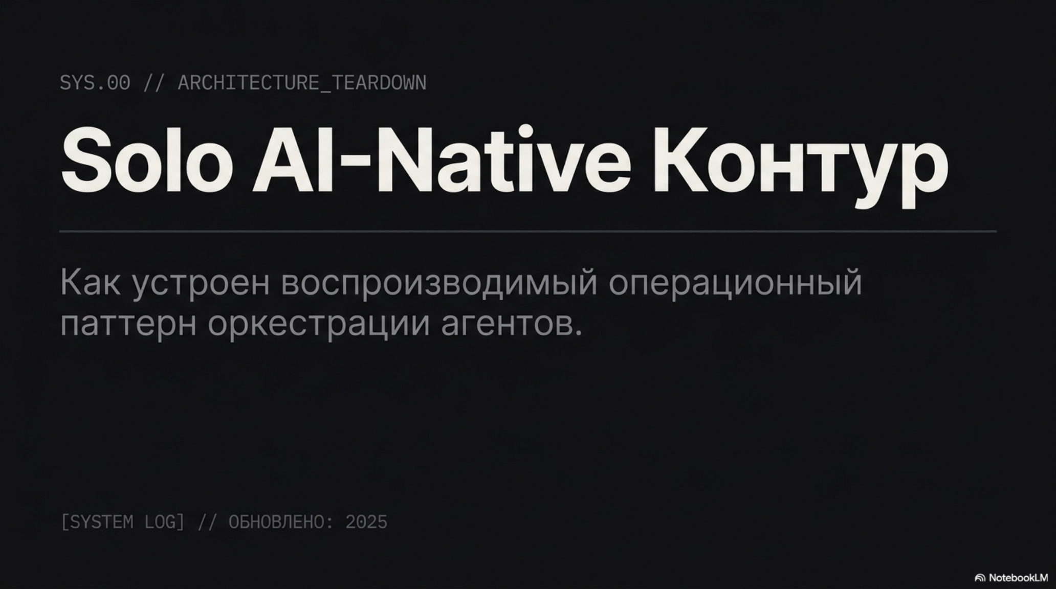 Слайд с заголовком «Solo AI-Native Контур» и подзаголовком о воспроизводимом паттерне оркестрации агентов.
