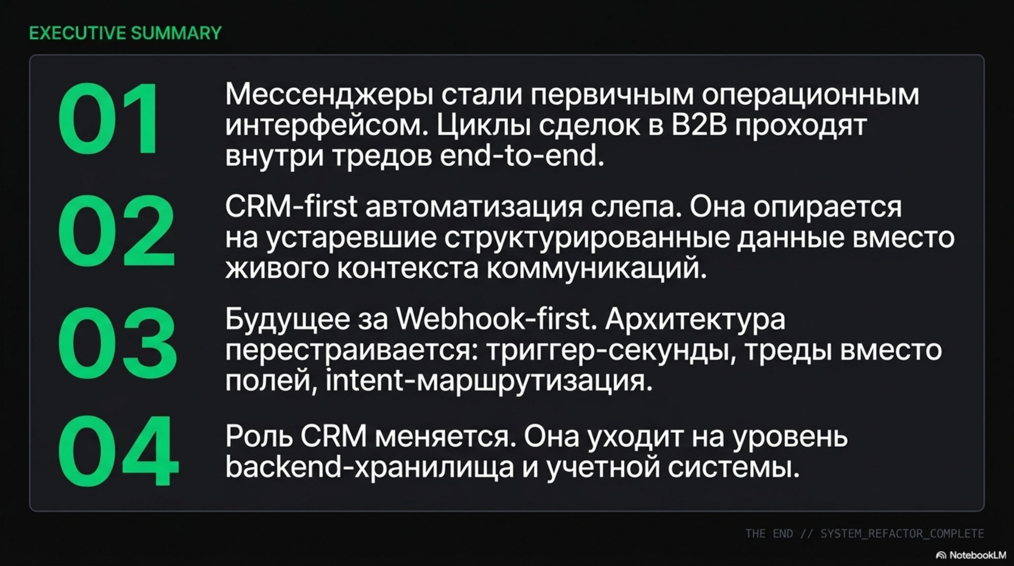 Слайд с четырьмя ключевыми выводами об изменении роли мессенджеров и CRM в B2B-коммуникациях.