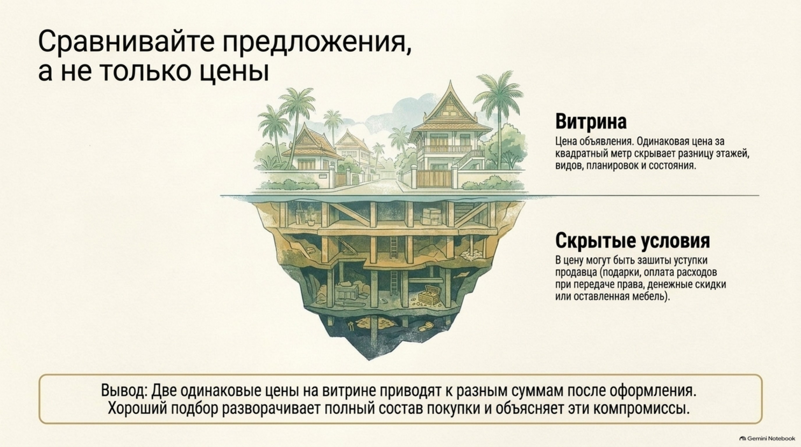 Сравнивать нужно предложения целиком: цену, состояние, мебель и уступки продавца.