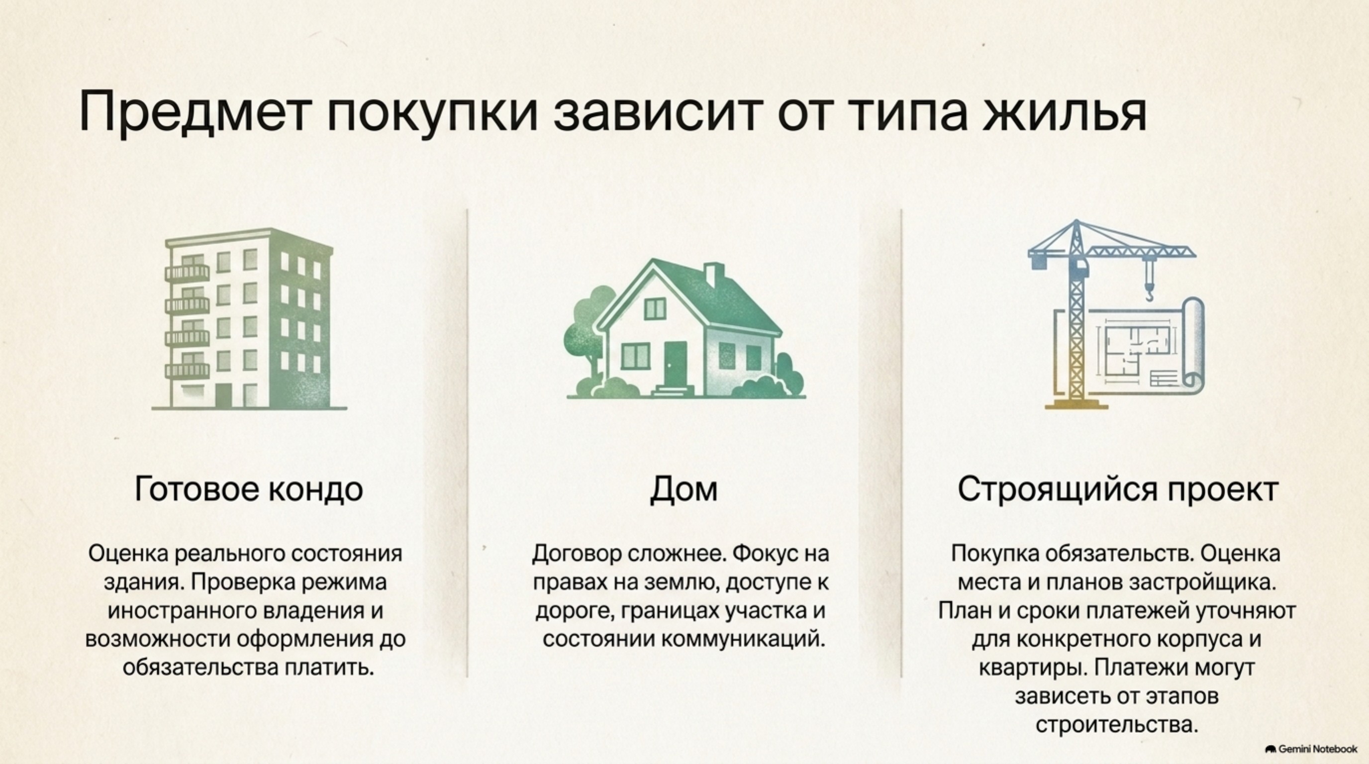 Готовое кондо, дом и строящийся проект требуют разных проверок.
