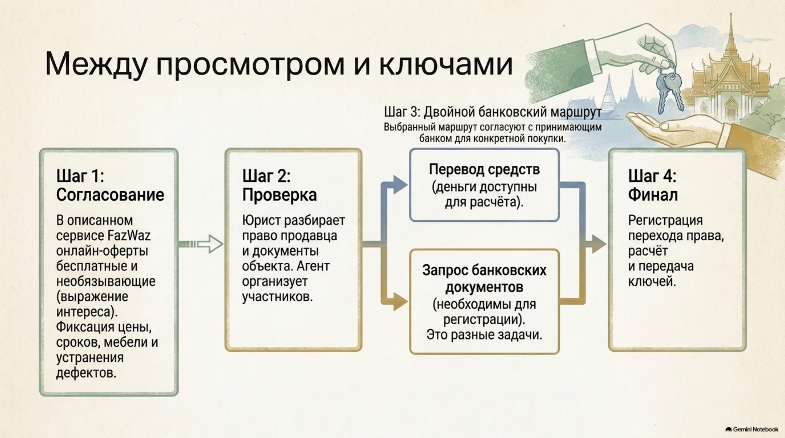 Между просмотром и ключами: согласование, проверка документов, банковские задачи и передача.