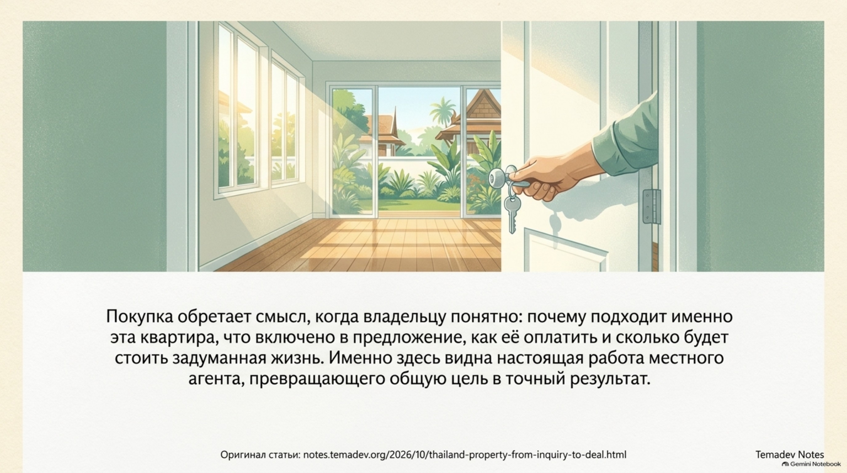 Понятная покупка соединяет цель, квартиру, условия оплаты и будущую жизнь владельца.